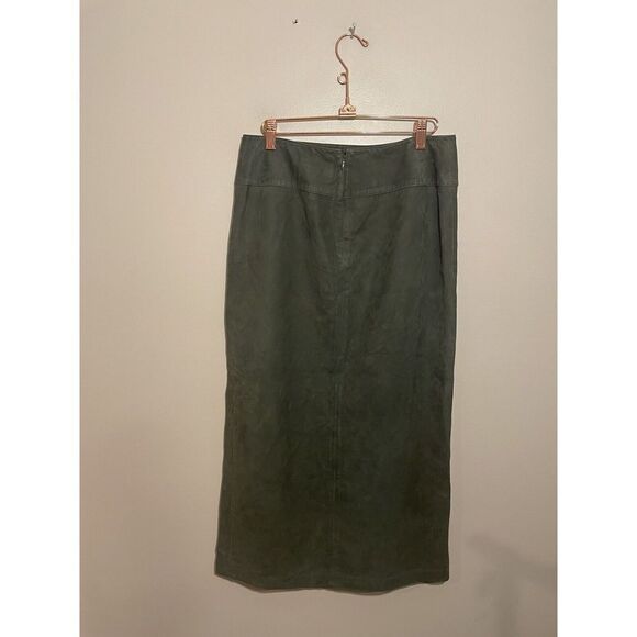 LINDA ALLARD ELLEN TRACY Vintage Leather Skirt Long Pencil High Slit Sz 6 Green - Picture 2 of 6